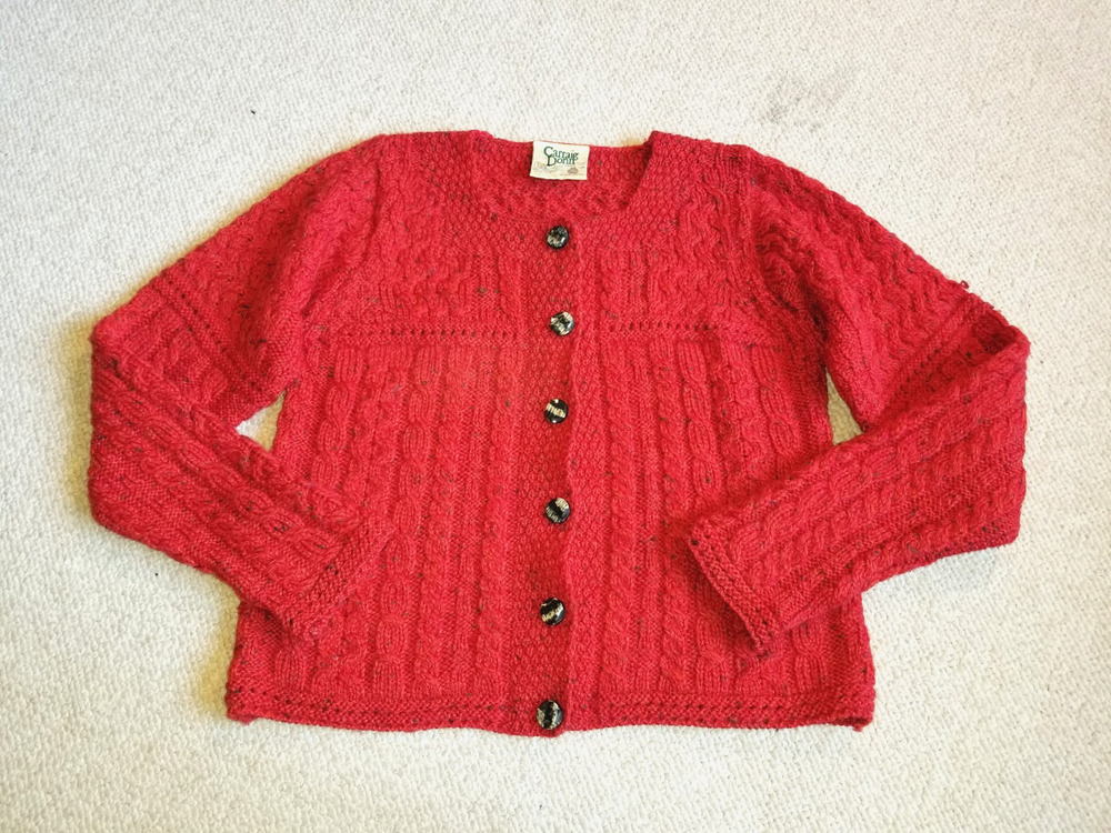 Womens Sweater-CARRAIG DONN-IRELAND-red Aran cableknit wool Fisherman cardigan-S